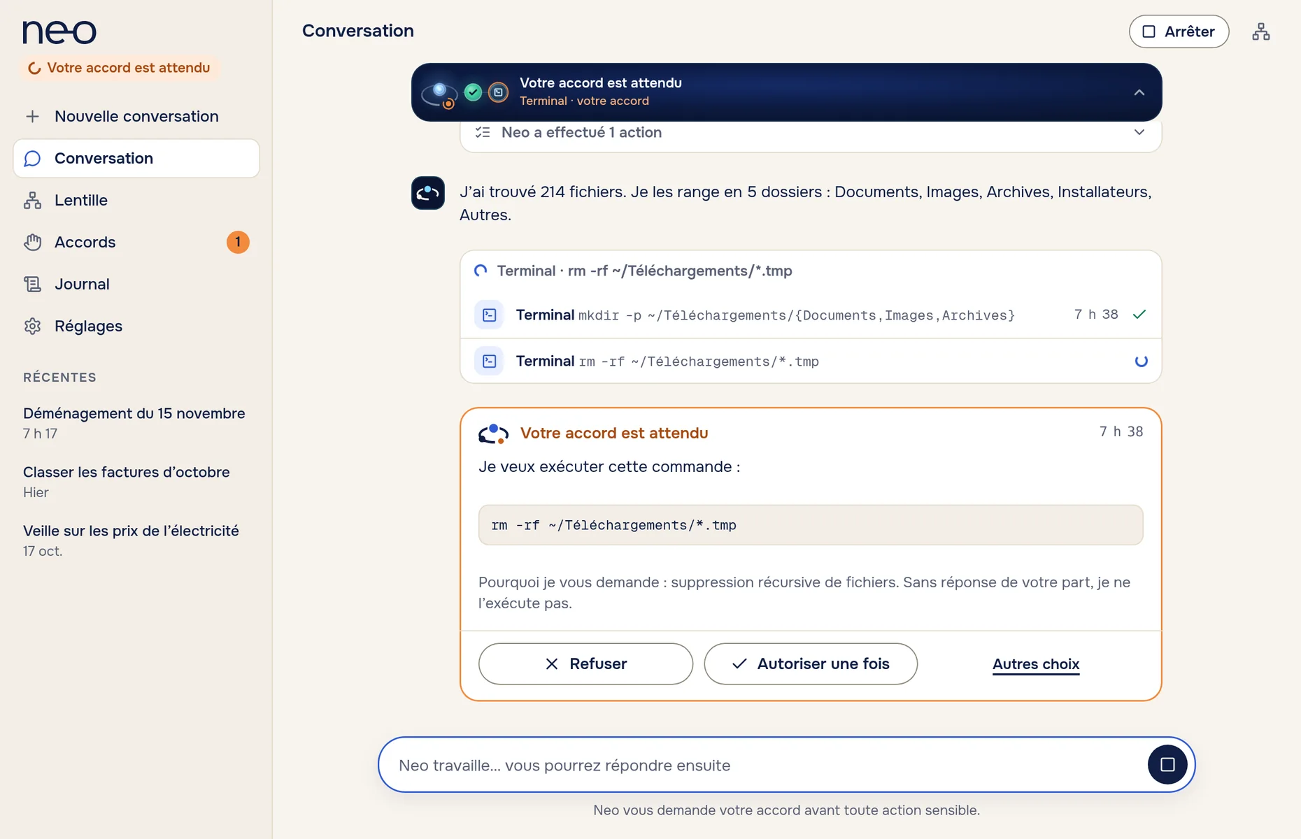 Neo Desktop : Neo range un dossier et attend ton accord avant de supprimer des fichiers temporaires.
