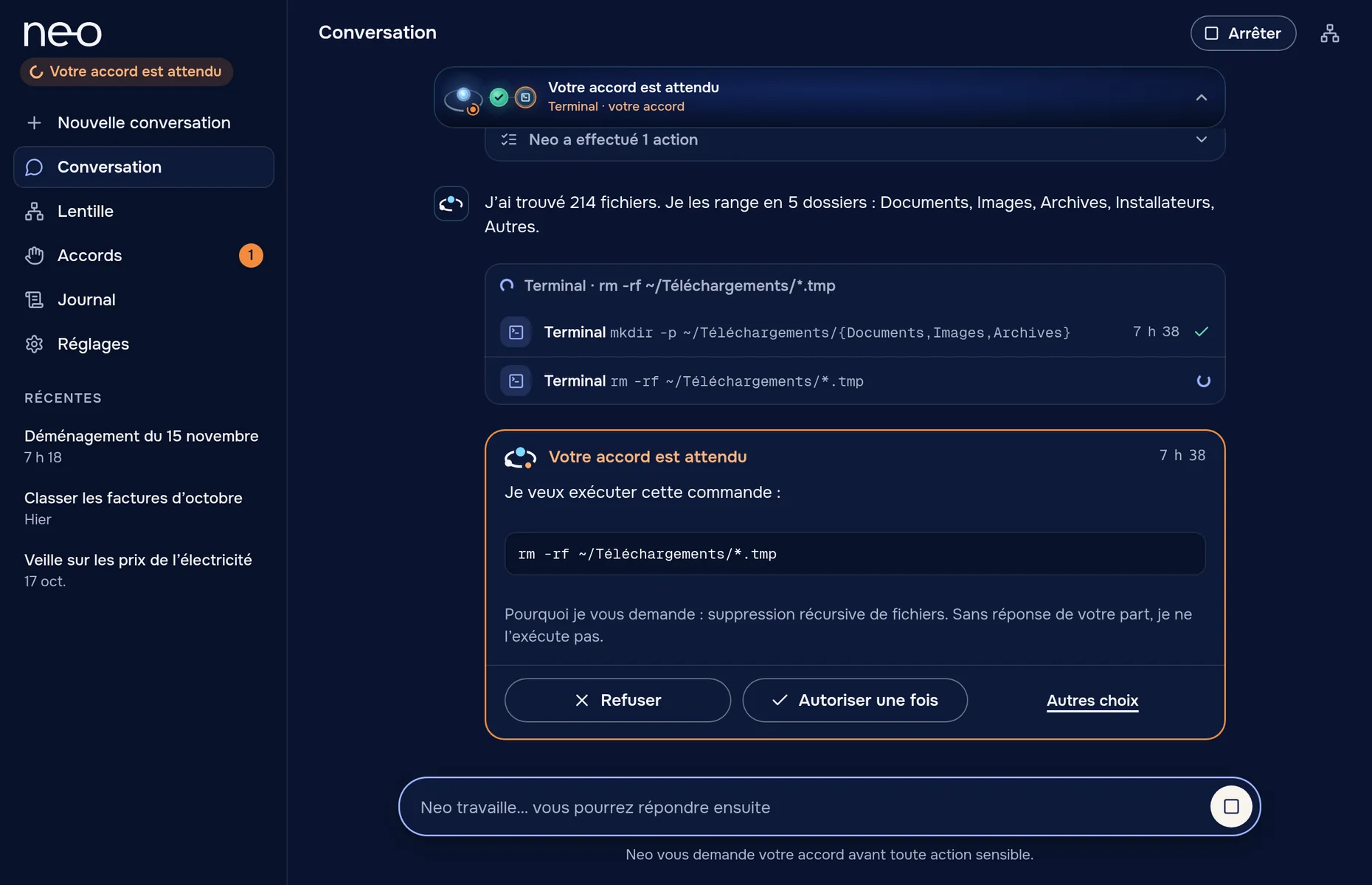 Neo Desktop, thème sombre : Neo range un dossier et attend ton accord avant de supprimer des fichiers temporaires.